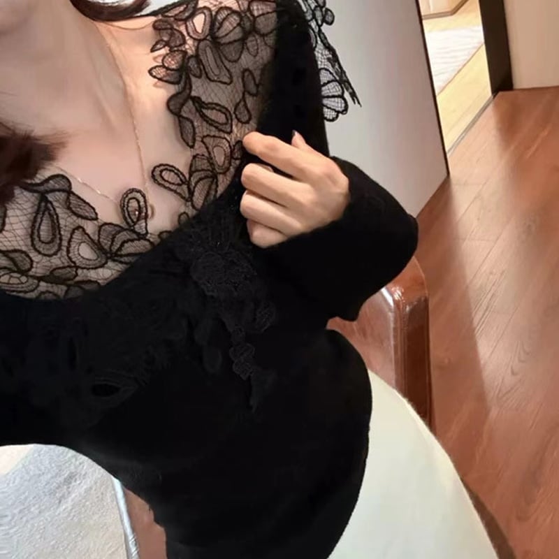 【tops】レースドッキングニットトップス Q7851