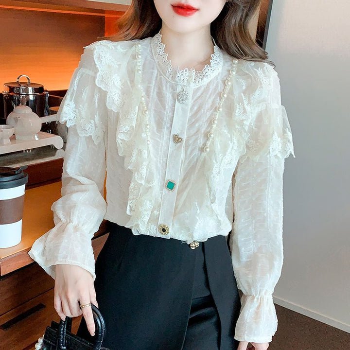 【tops】エレガントレース切り替えシャツトップス　M17378