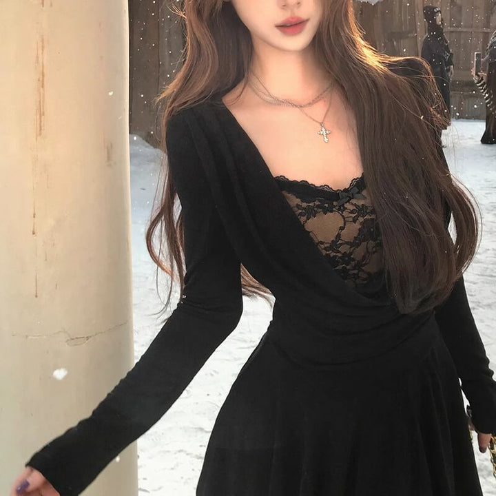 【dress】レースドッキングフレアワンピース Q7616