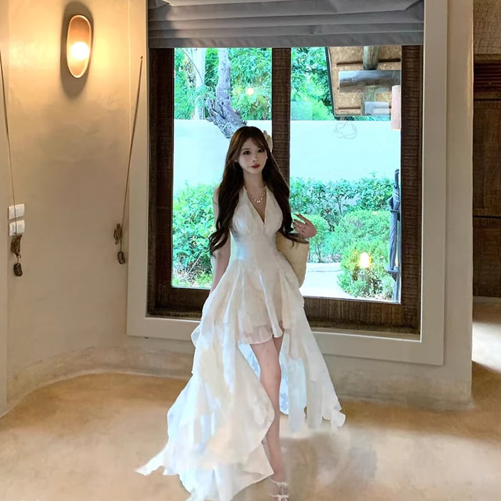 【dress】ホルターネックレースイレヘムワンピース Q8412
