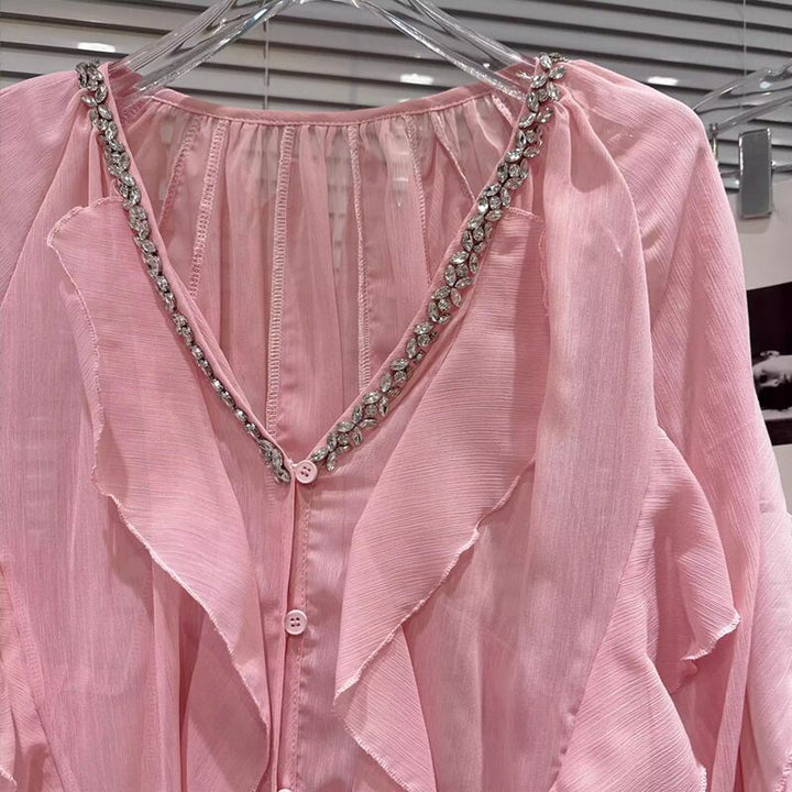 【tops】Vネックフレアシフォンシャツ Q8105