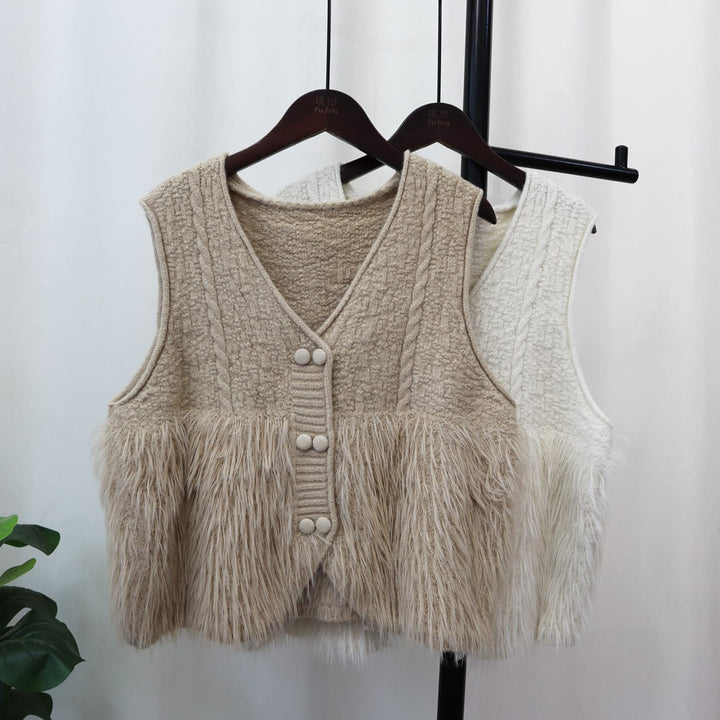 【tops】Vネックフェザーニット切り替えジレ　M17784