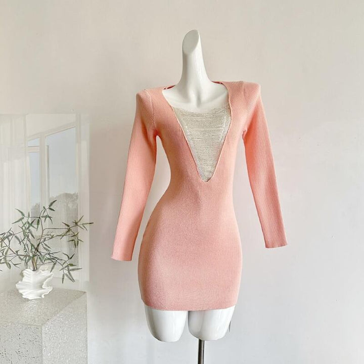 【dress】ビーズチェーンドッキングニットワンピース Q7647