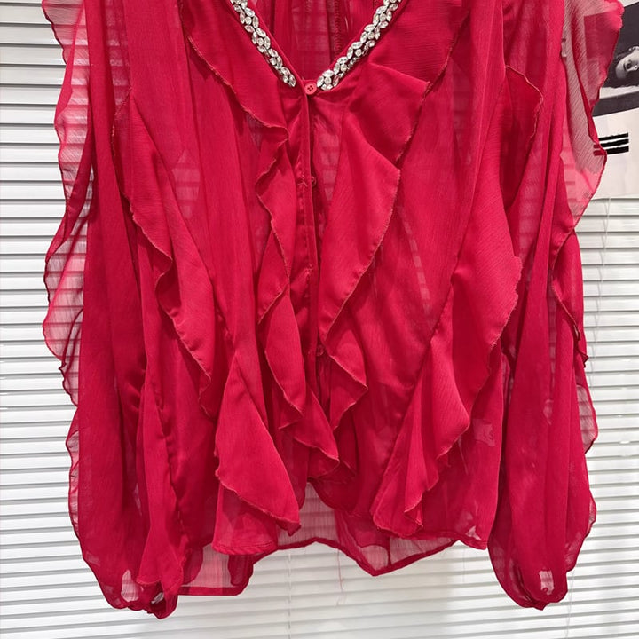 【tops】Vネックフレアシフォンシャツ Q8105