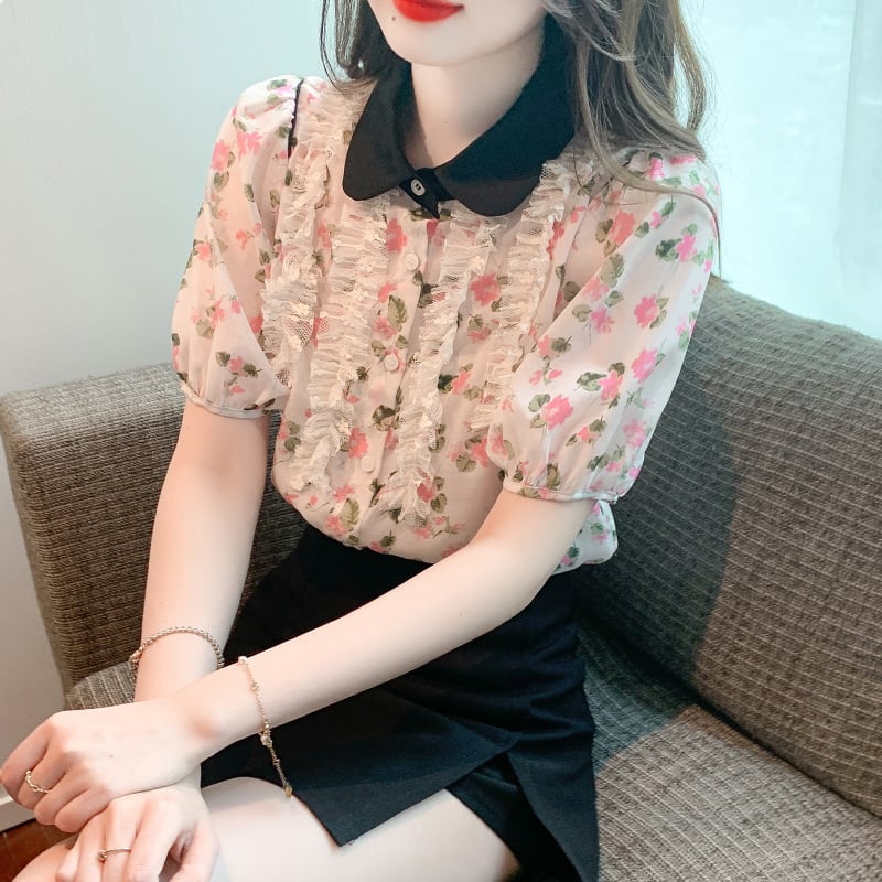 【tops】美人度アップスウィート折り襟花柄シャツトップス　M16883