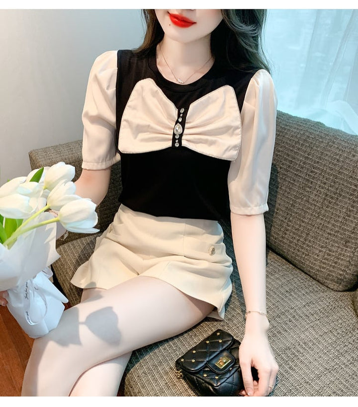 【tops】知的で品の良い♡エレガントリボン付きTシャツ　M16838