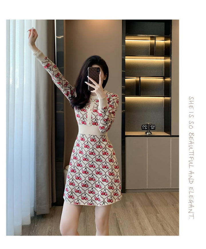 【dress】チェリー柄ニットワンピース　N2032