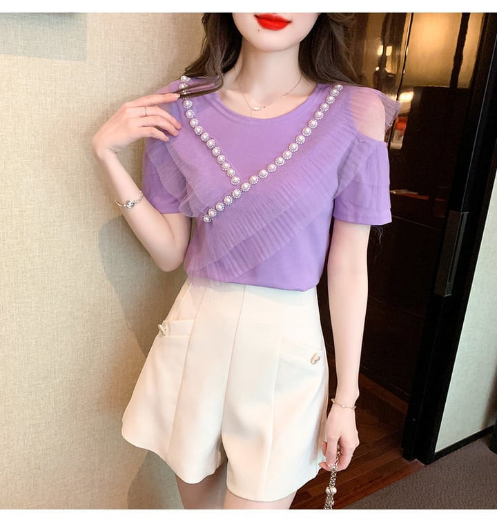 【tops】好感度UP 切り替えオフショルダーTシャツトップス　M16841