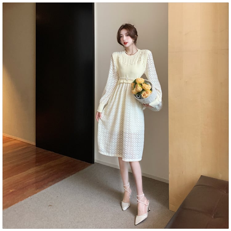 【dress】レースドッキングニットワンピース　M18431