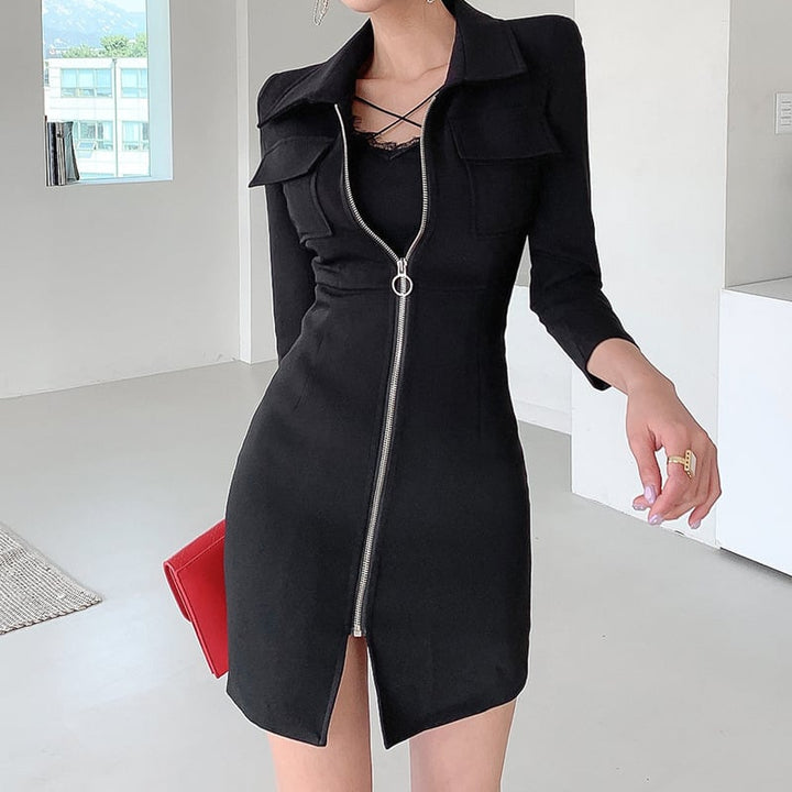 【dress】ファスナー折り襟ワンピース　M18240