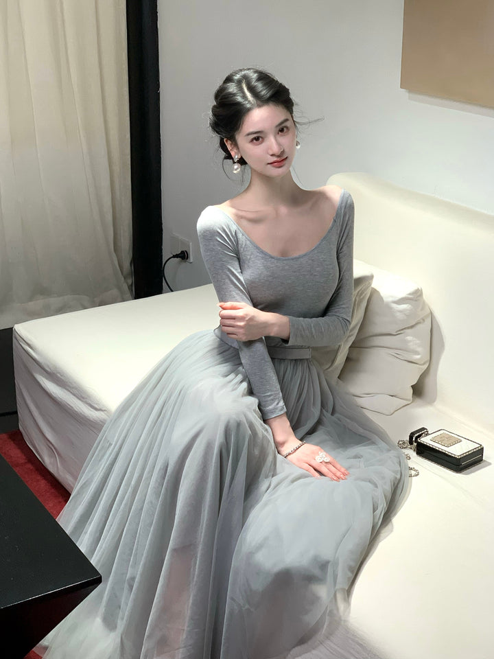 【dress】2WAYチュールドッキングロングワンピース　N3426