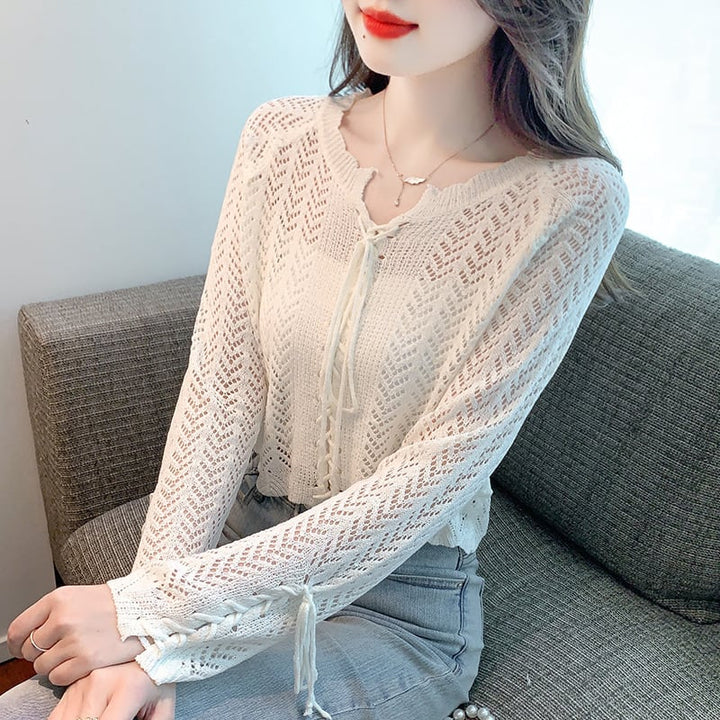 【tops】優しい雰囲気カットワークニットトップスゆったり　M17087