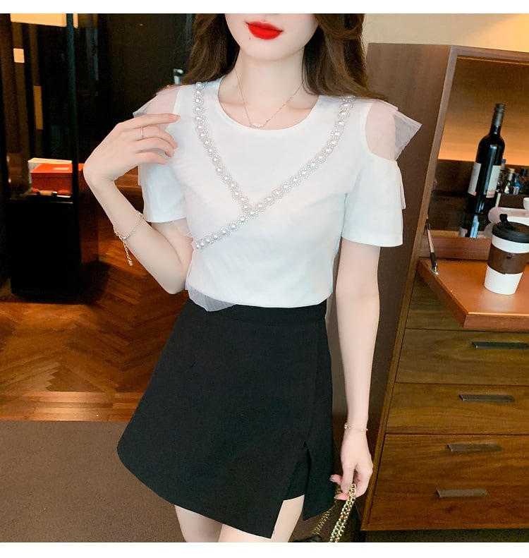 【tops】好感度UP 切り替えオフショルダーTシャツトップス　M16841