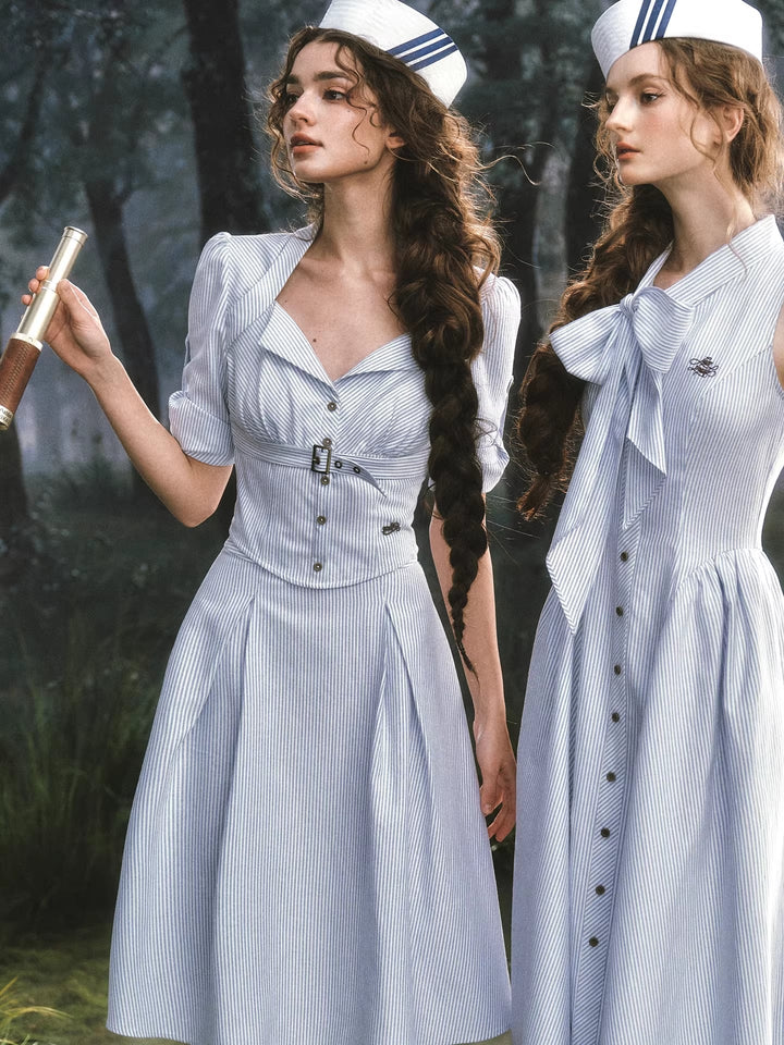 【dress】リボン付きストライプ柄ベストワンピース Q8458