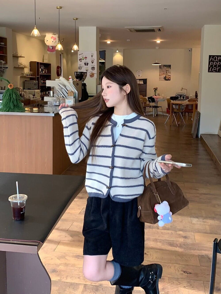 【outer】ボーダー柄ニットカーデ　M28641