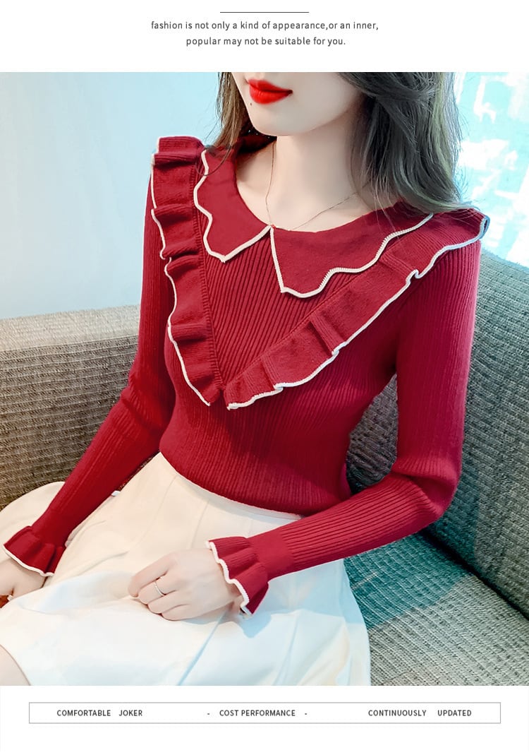 【tops】折り襟フリルニットトップス　M18137