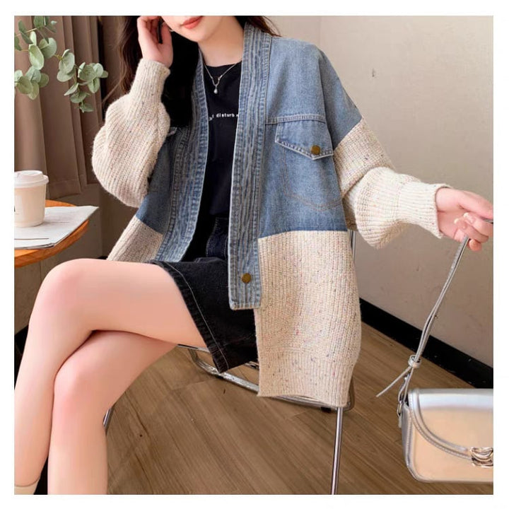 【outer】デニム切り替えニットカーデ　M25746