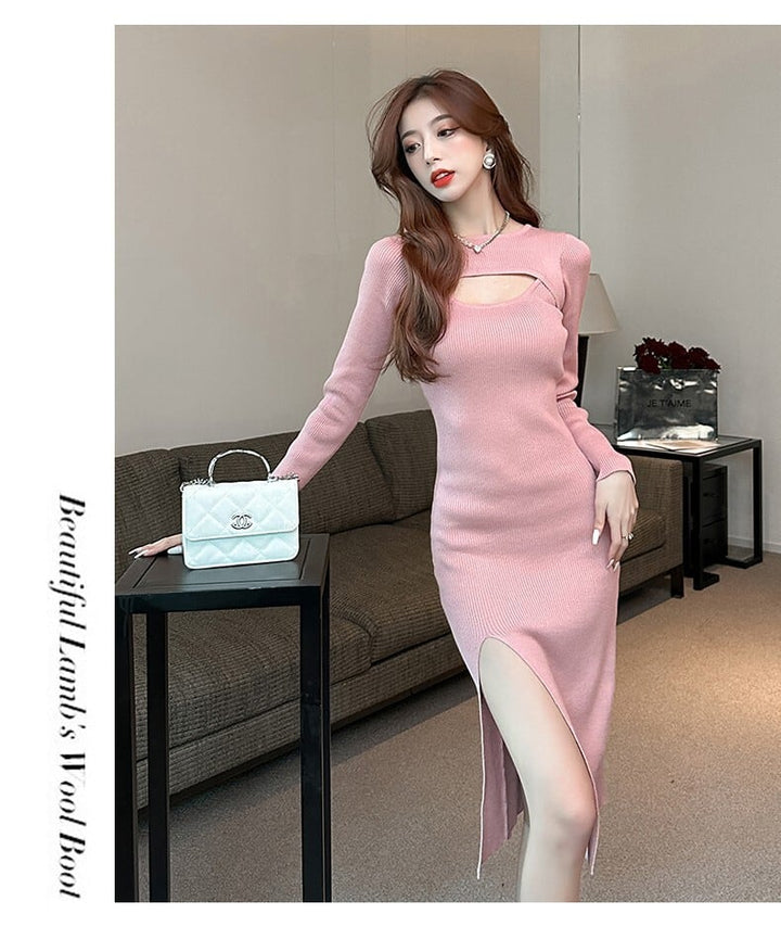 【dress】女性力を高める～スリットニットワンピース　M17630