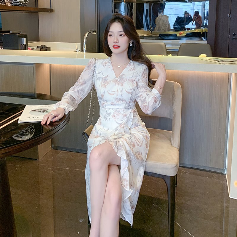 【dress】早い者勝ちVネックスリット花柄ワンピース　M17304