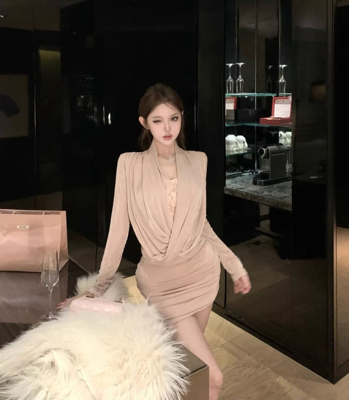 【dress】レースドッキングドレープドネックタイトワンピース Q7546
