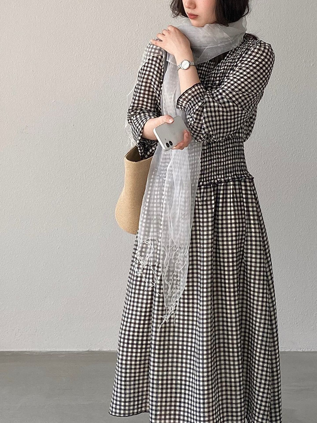 【dress】チェック柄ロングワンピース Q8249