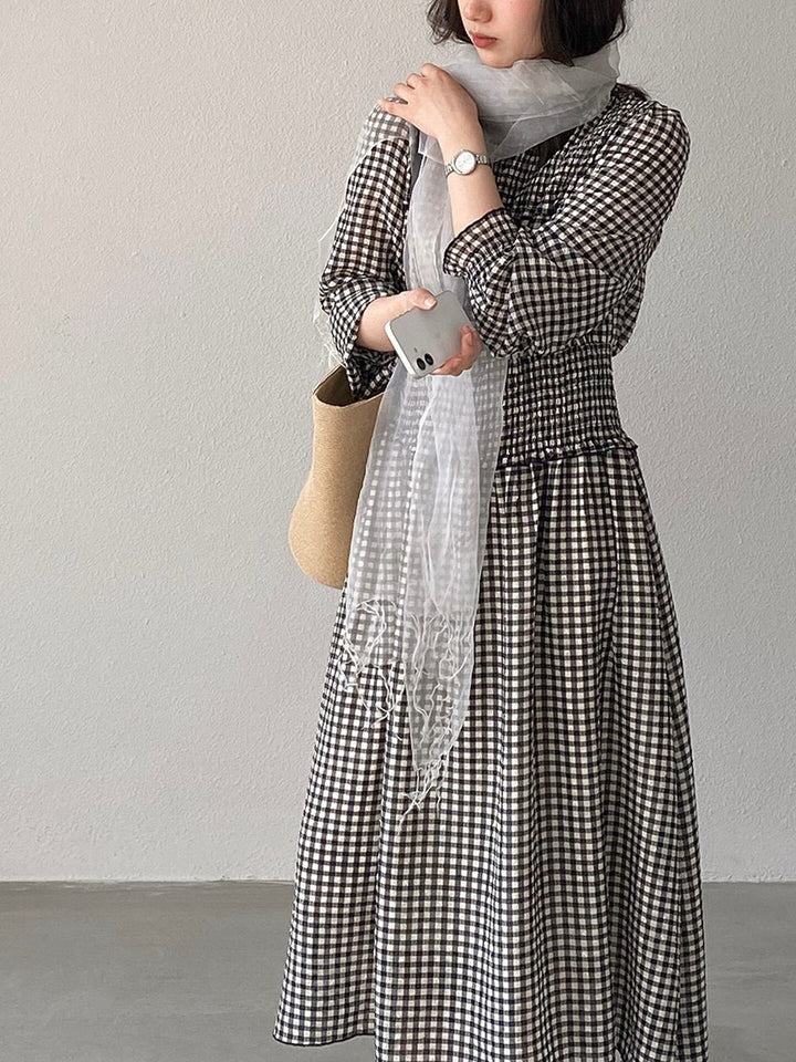 【dress】チェック柄ロングワンピース Q8249