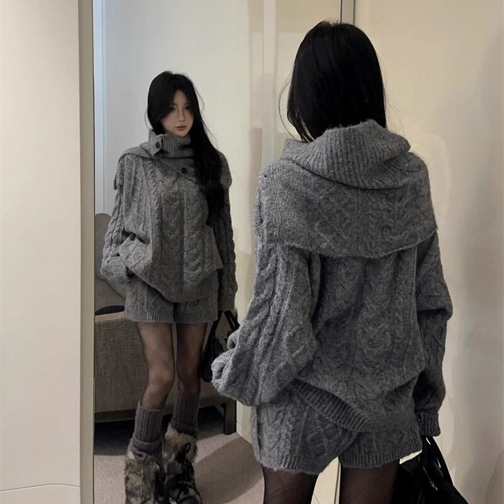 【set】ケープ×ニットトップス×ショートパンツ3点セット Q7441
