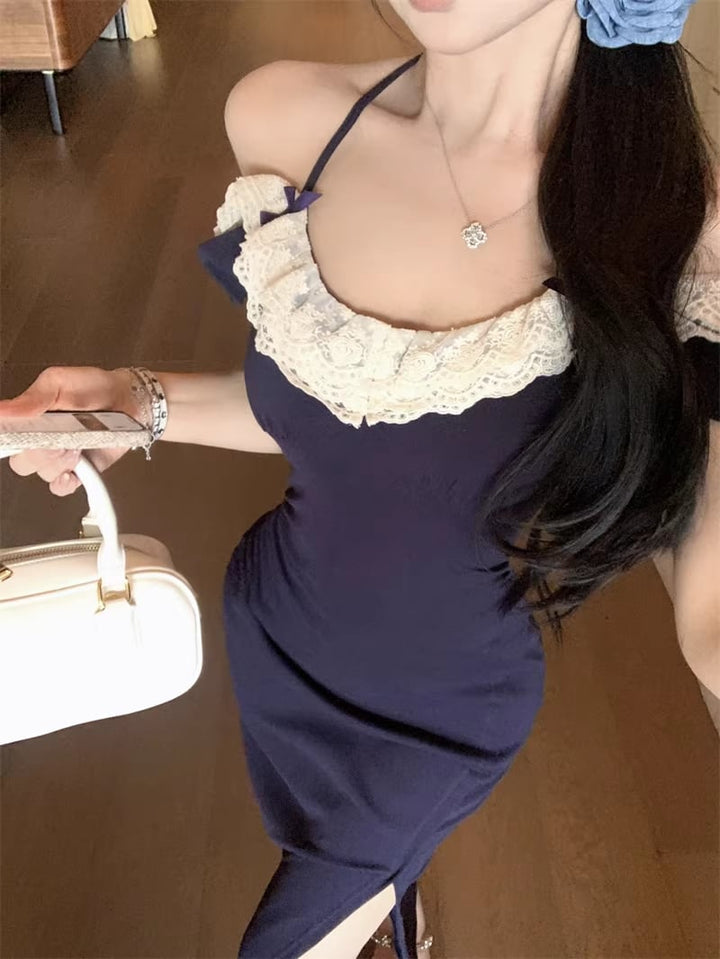 【dress】スリット入れレースドッキングロングワンピース Q8315