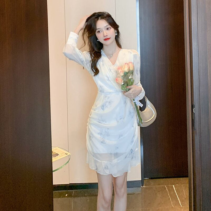【dress】大人らしい Vネックマーメイド花柄ワンピース　M17259
