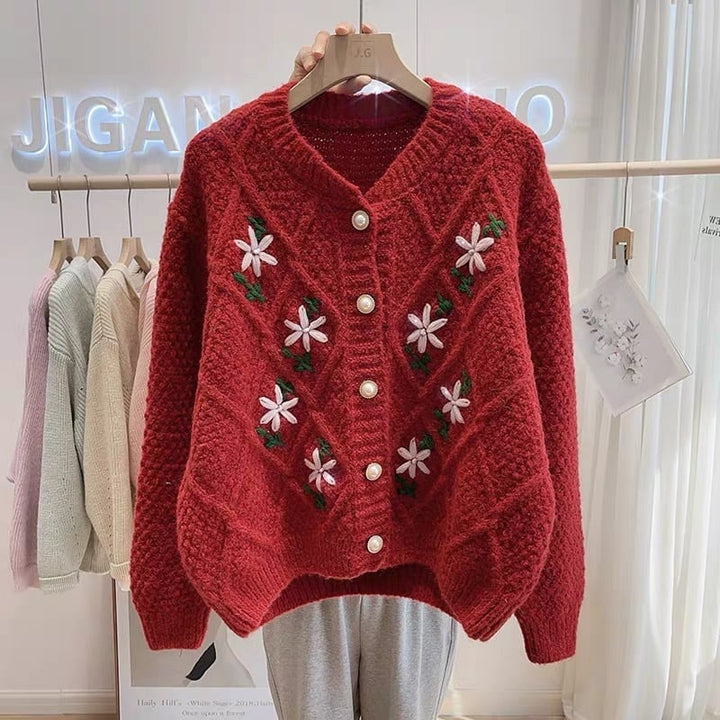 【outer】クルーネック刺繍ニットカーデ　M18132