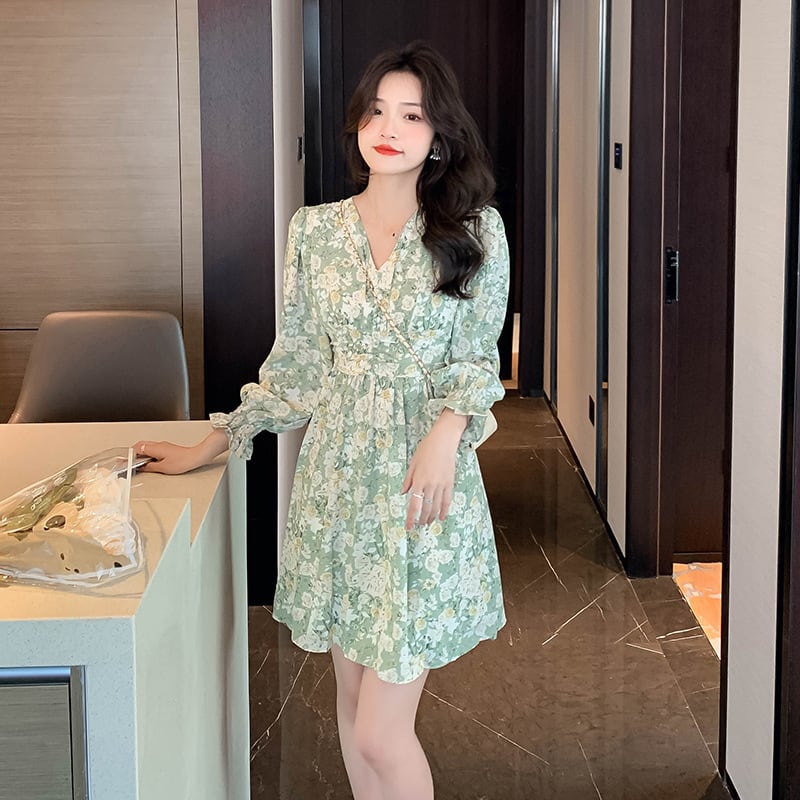 【dress】おしゃれ大人気Vネックスウィート花柄ワンピース　M17244