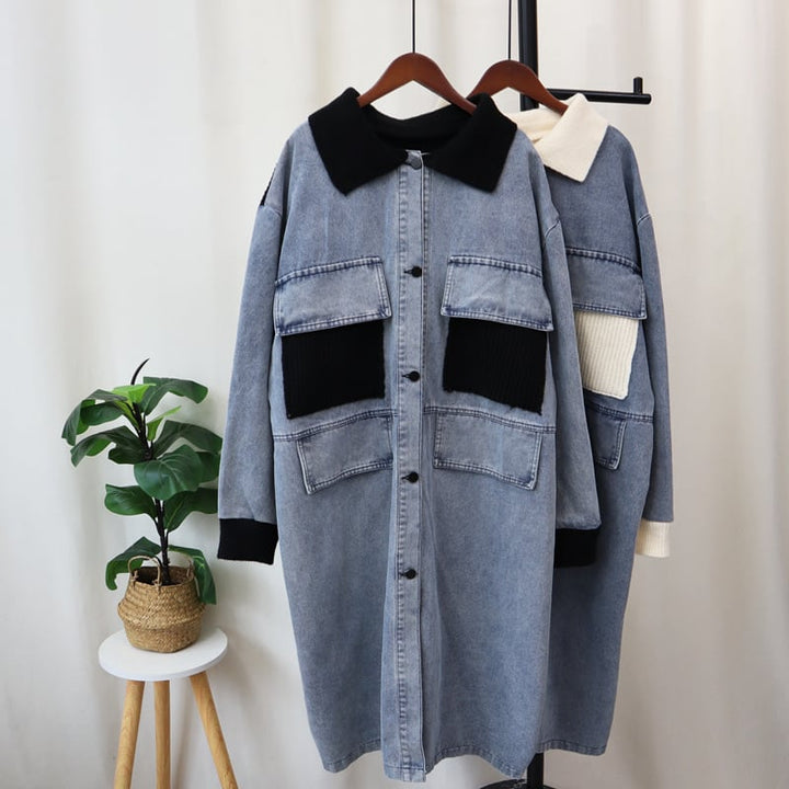 【outer】ロング丈デニム切り替えニットカーデ　M26677