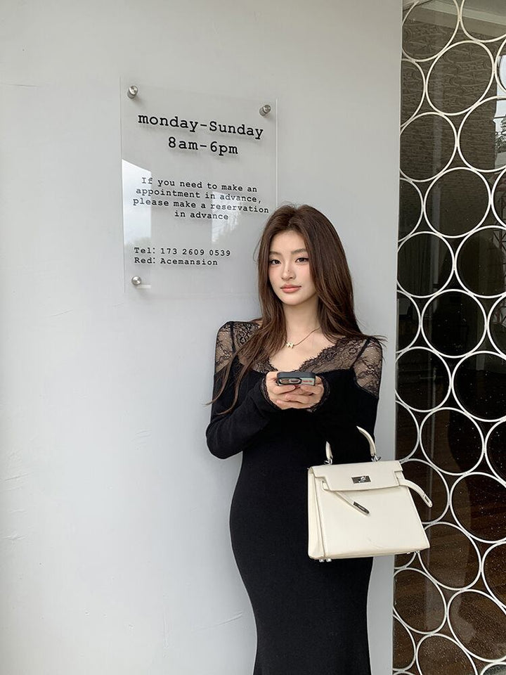【dress】レースドッキングマーメイドニットワンピース　N2902