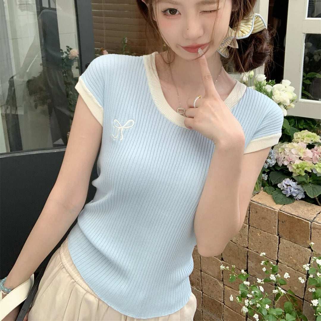 【tops】リボン刺繍ニットTシャツ　M25106