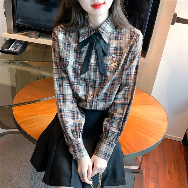 【tops】気質満点大人可愛いリボン付きチェック柄シャツ　M17329
