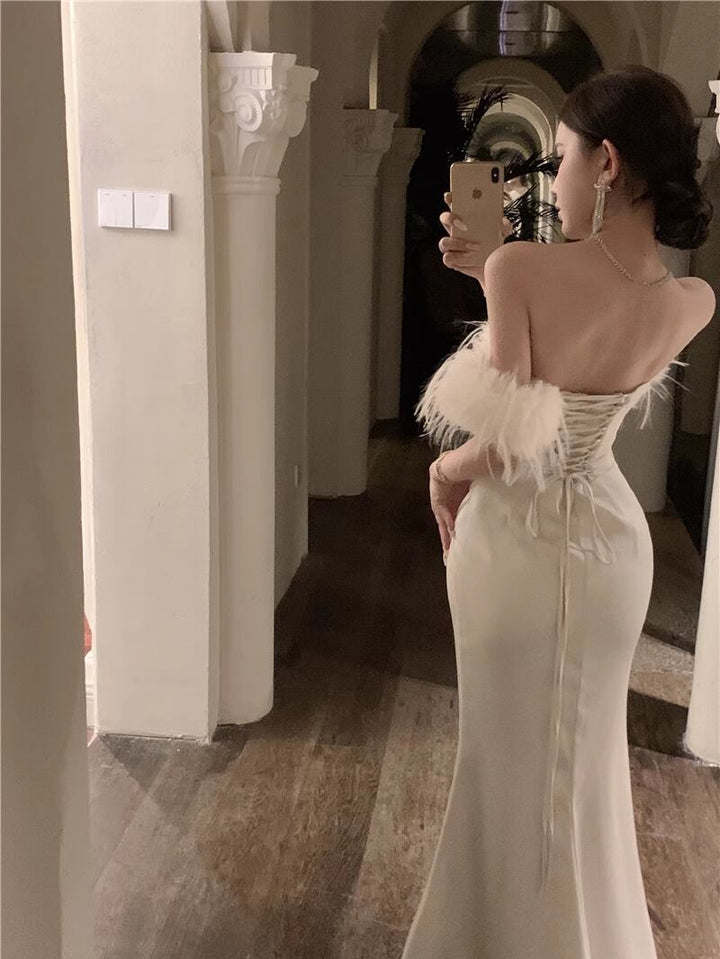 【dress】ファー付きオフショルダーワンピース Q7632