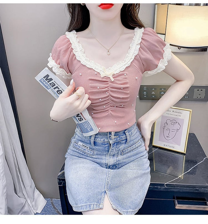 【tops】レース切り替えTシャツ　M24061