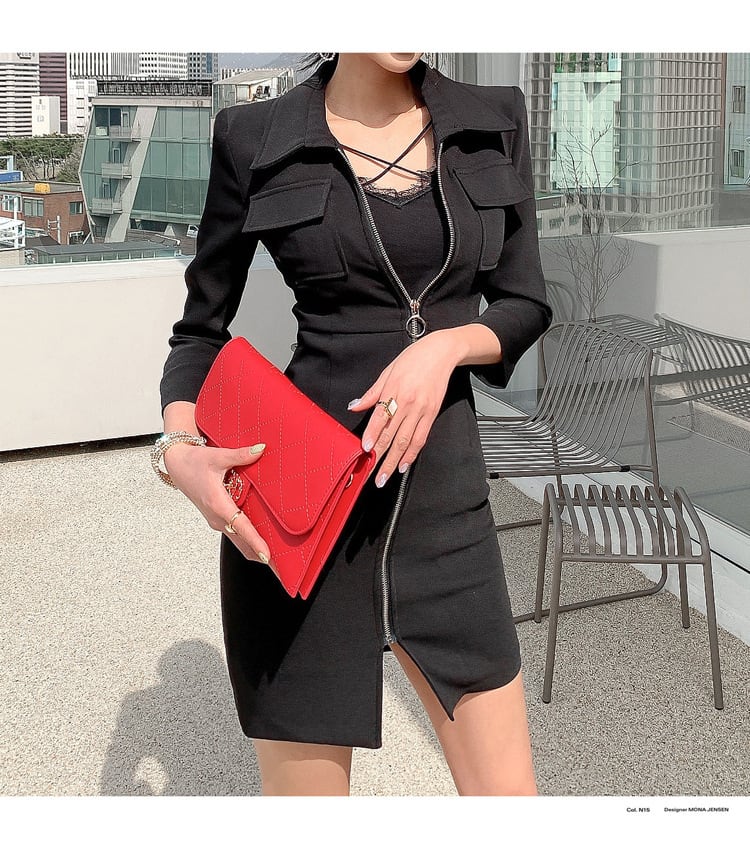 【dress】ファスナー折り襟ワンピース　M18240
