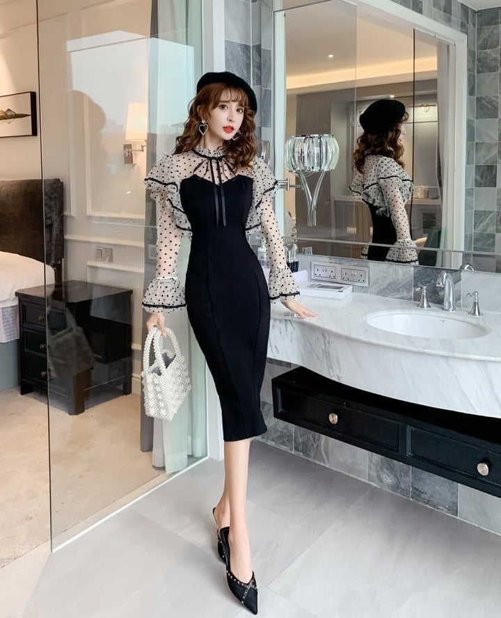 【dress】ドット柄ドッキングフリルワンピース　M18319