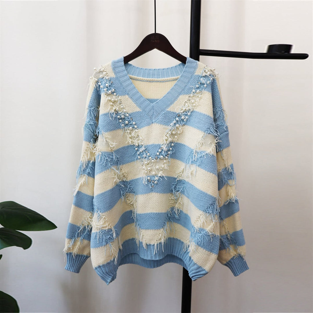 【tops】Vネックボーダー柄ニットセーター　M18064