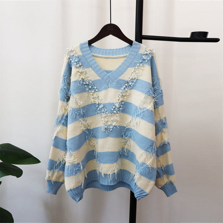 【tops】Vネックボーダー柄ニットセーター　M18064