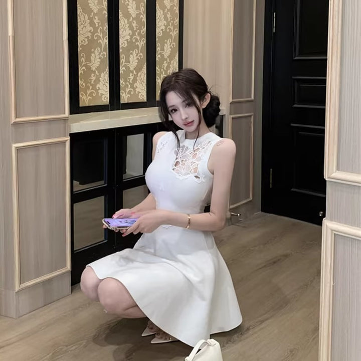 【dress】ノースリーブレースドッキングフレアニットワンピース Q7795