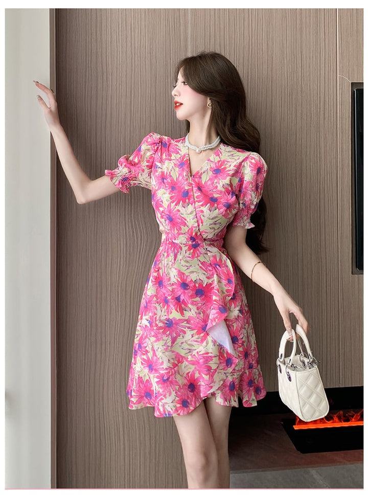 【dress】美人度アップ不規則 イレギュラー花柄ワンピース　M16782