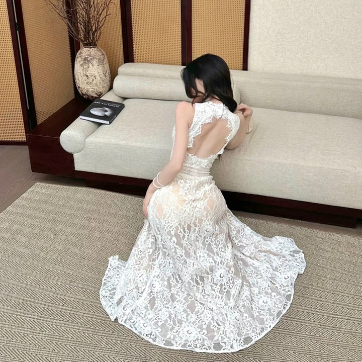 【dress】バックオープンスリットレースワンピース　M32516