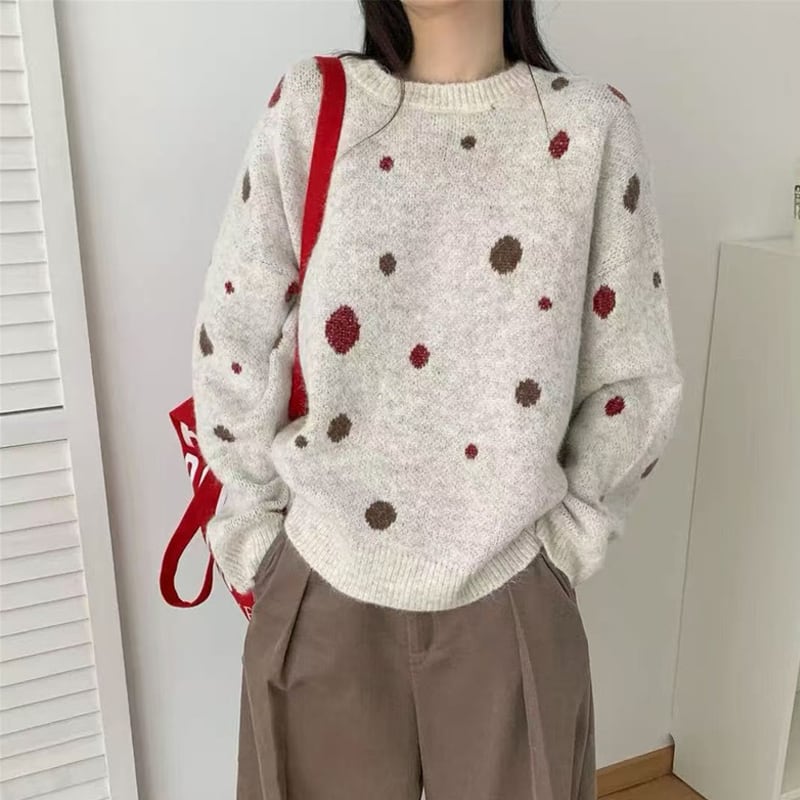 【tops】ドット柄ニットトップス Q7776