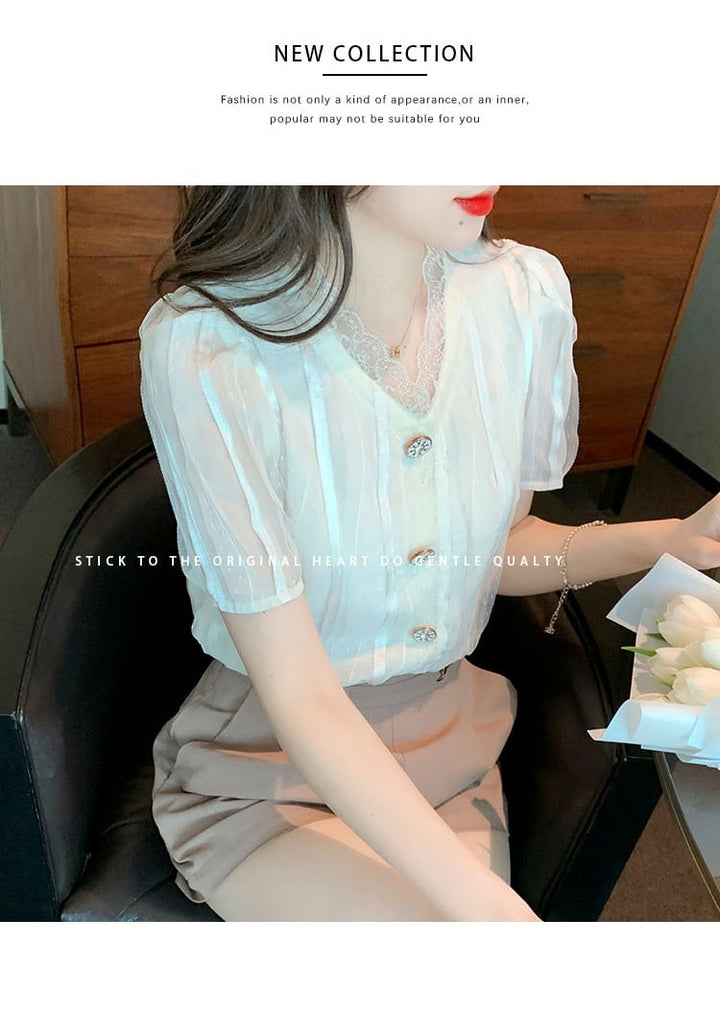 【tops】おしゃれ！Vネックレース切り替えシャツトップス　M17041