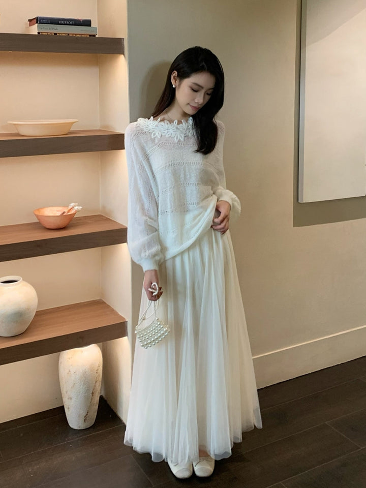 【tops】レースドッキングニットトップス Q8973