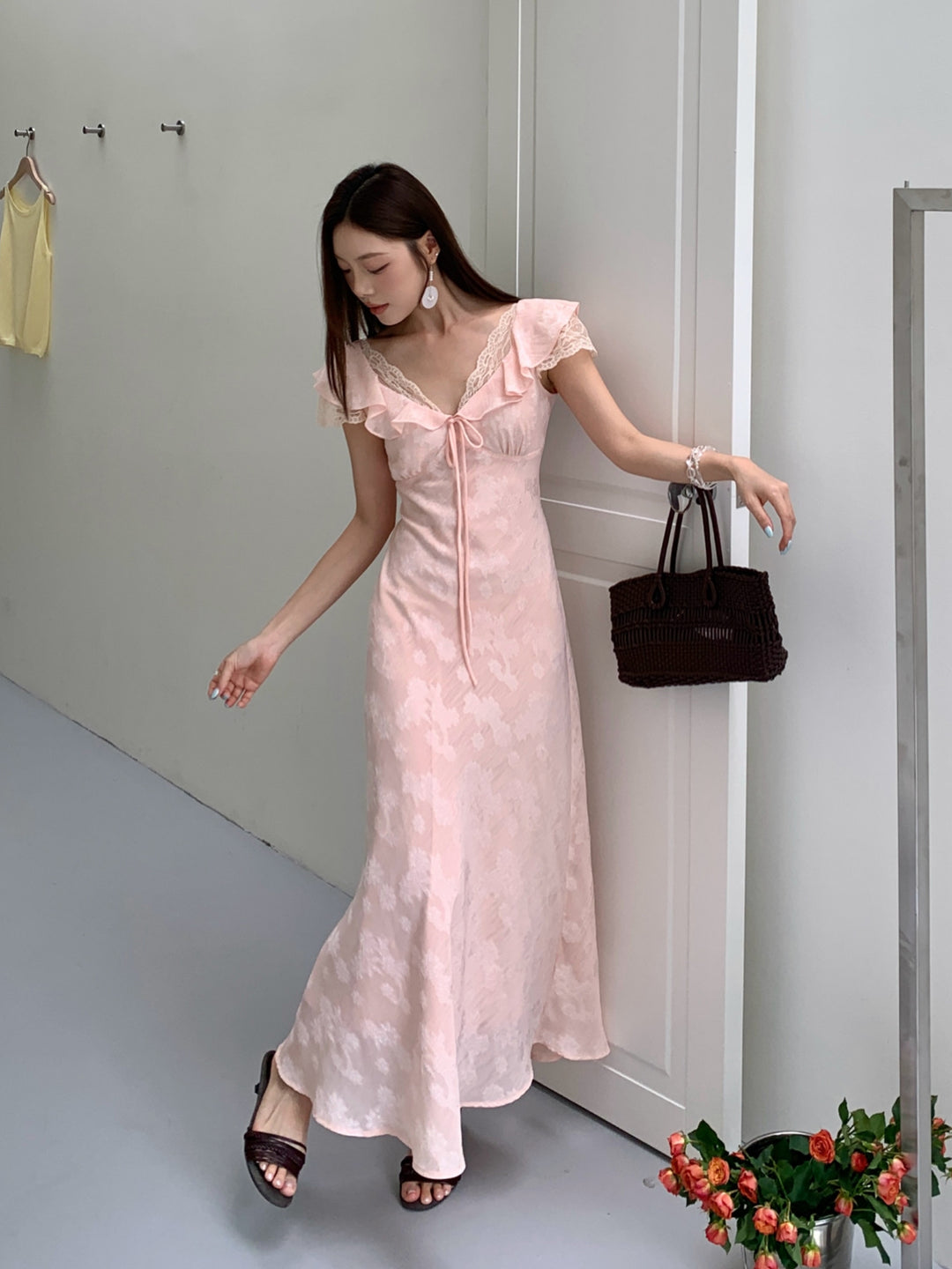 【dress】レースドッキングフラッタースリーブワンピース Q8658