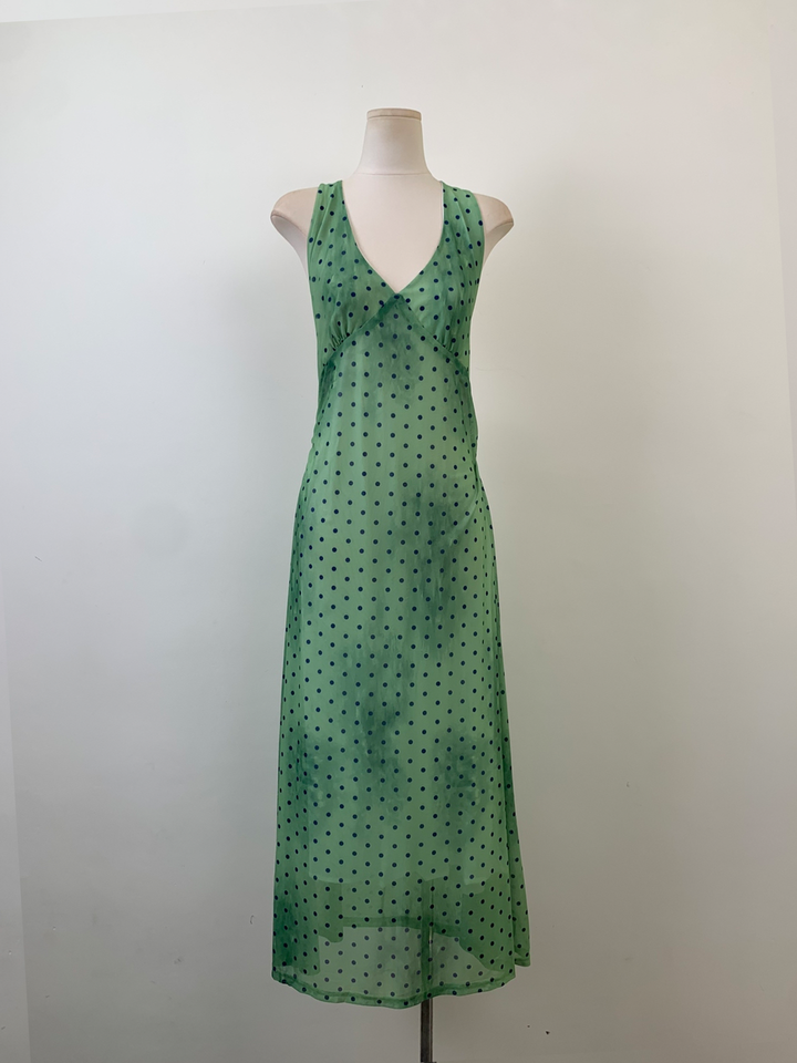 【dress】スカーフ付きドット柄ホルターネックロングワンピース Q8533