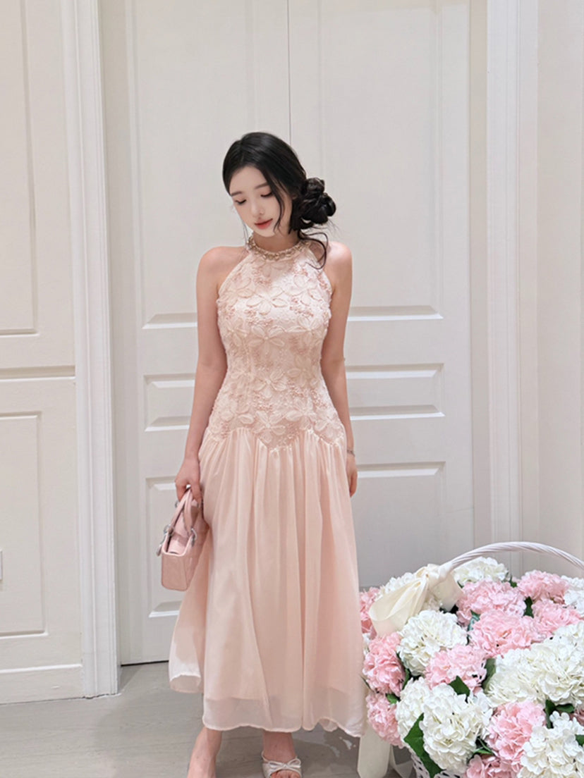 【dress】ノースリーブレースドッキングロングワンピース Q8685
